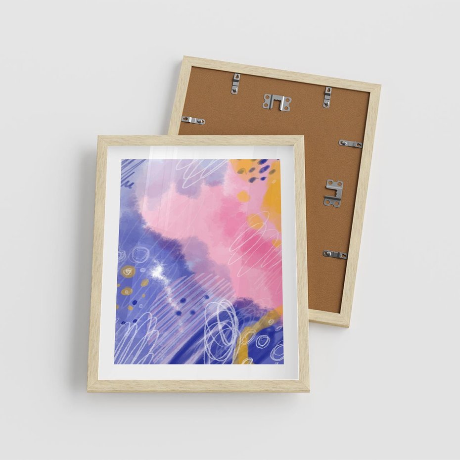 Plakat w ramie 40x50 - Migocące Granice Kształtów - abstrakcyjny plakat, pastelowe kolory - rama drewno