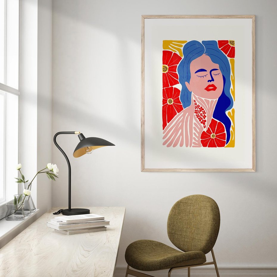 Plakat w ramie 40x50 - Nowoczesna Twarz - nowoczesna grafika, kolorowa twarz kobiety - rama drewno