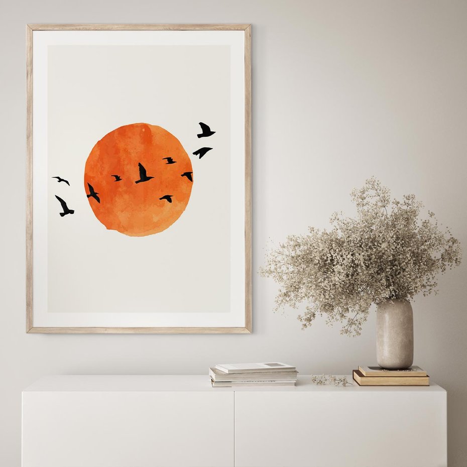 Plakat w ramie 30x40 - Zachód Słońca i Ptaki - grafika akwarela, czarne ptaki na tle zachodu słońca - rama drewno