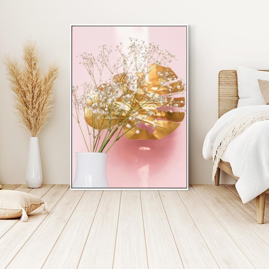 Obraz w ramie 70x100 - Blask Natury - złote, liście - rama biała