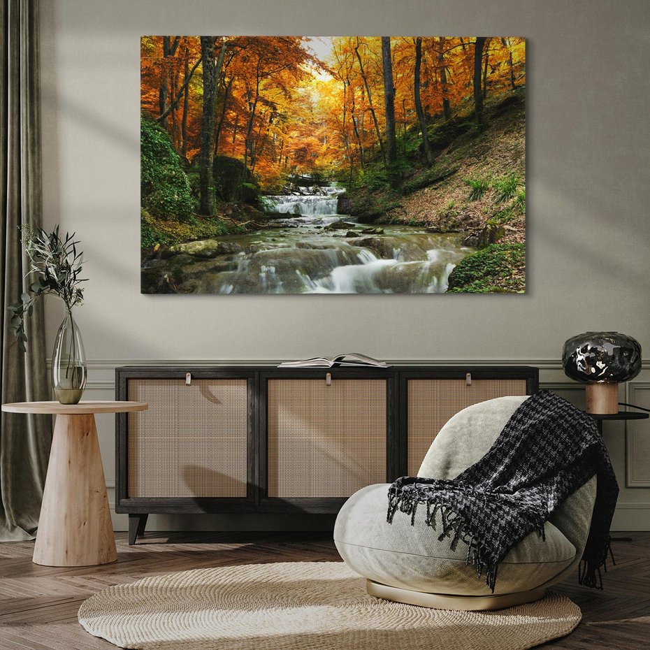 Obraz na płótnie 120x80 - Urok lasu: drzewa i strumyk w harmonii - las, drzewa