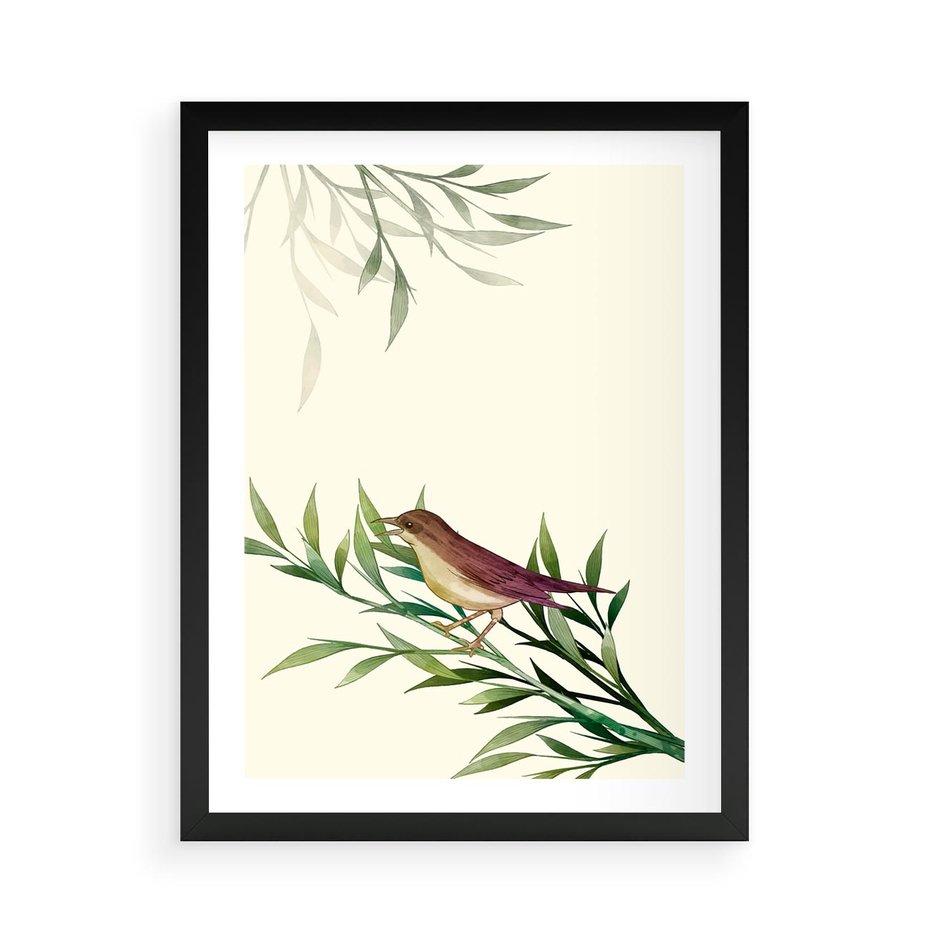 Plakat w ramie 50x70 - Roślinne Nastroje - japońska sztuka, ptak - rama czarna