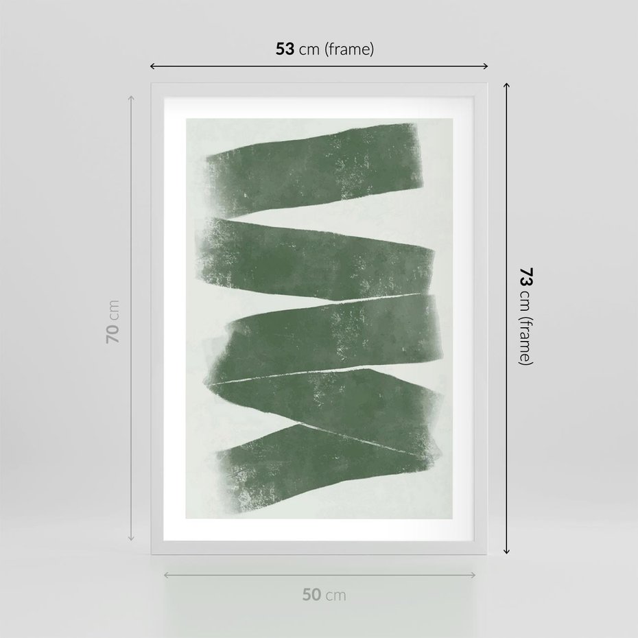 Plakat w ramie 50x70 - Zielone Refleksje - abstrakcja, zgaszony zielony kolor - rama biała