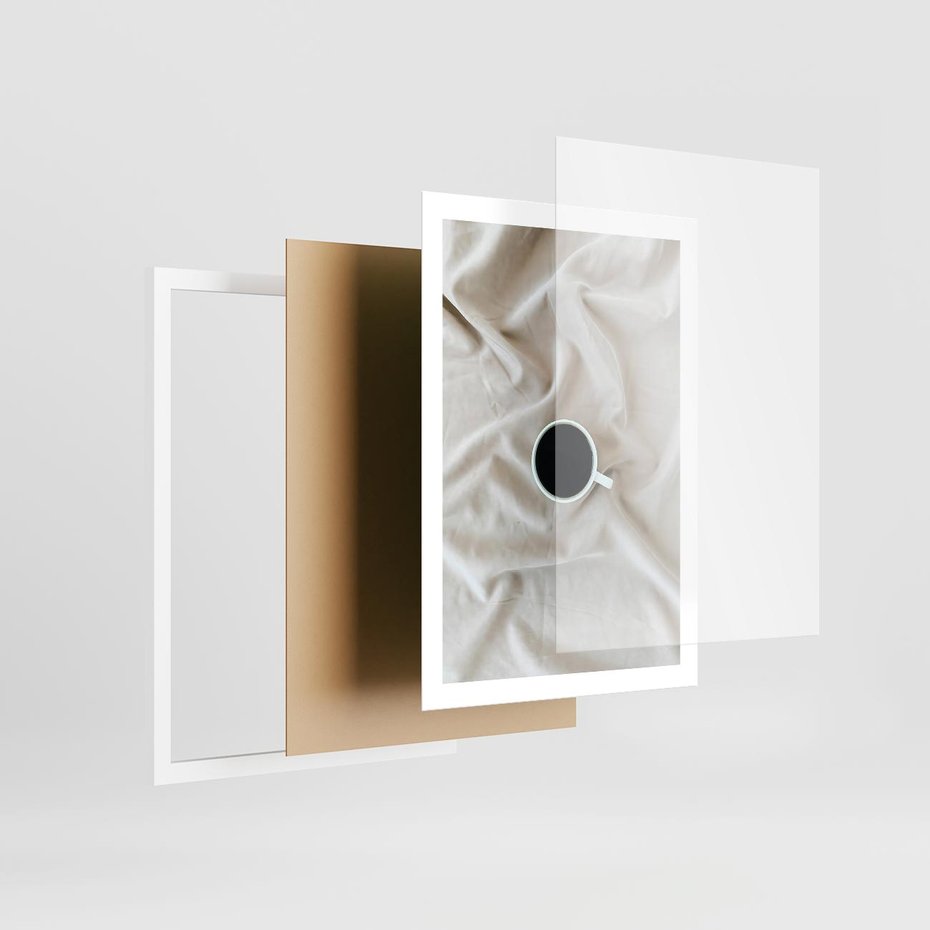 Plakat w ramie 50x70 - Poranek z Kawą - kawa filiżanka w białej pościeli - rama biała