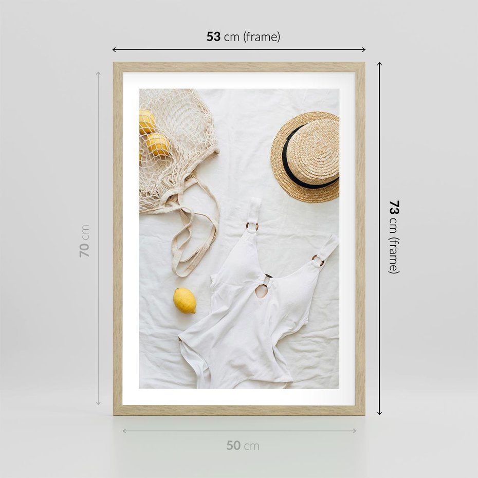 Plakat w ramie 50x70 - Moda na Wakacje: Cytrynowy Urok - kompozycja letnia, fashion - rama drewno