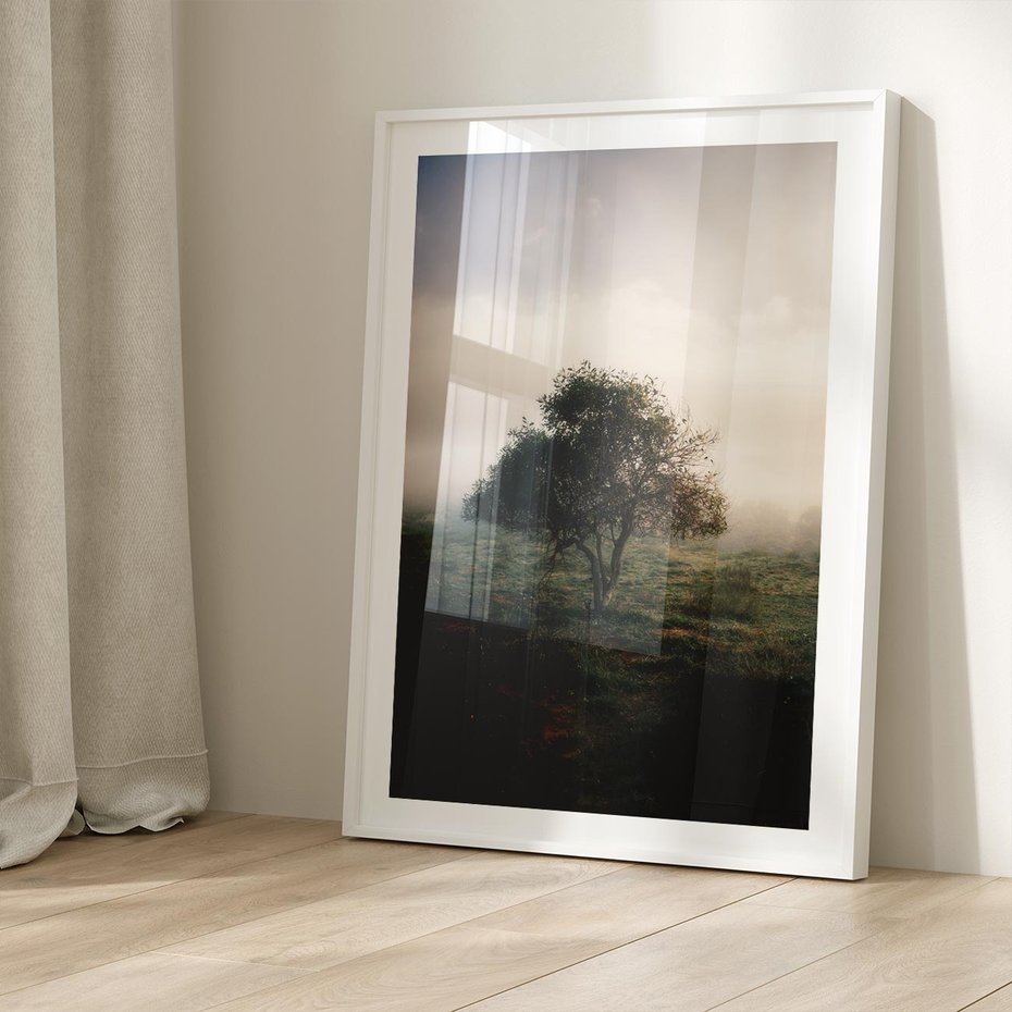 Plakat bez ramy 40x50 - Zamglona Prostota - artystyczna fotografia, samotne drzewo na zamglonej łące