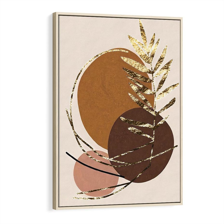 Obraz w ramie 80x120 - Taniec Przenikających Odbić - abstrakcyjny obraz, złote liście palmy - rama drewno