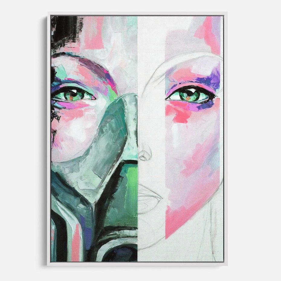 Obraz w ramie 50x70 - Niezakończona Piękność - abstrakcyjny obraz olejny, portret kobiety - rama biała