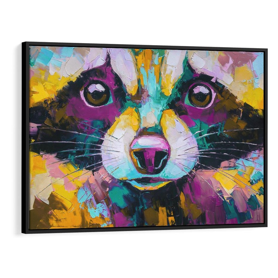 Obraz w ramie 100x70 - Przebudzenie snu artysty - zbliżenie, kolorowy portret szopa pracza - rama czarna