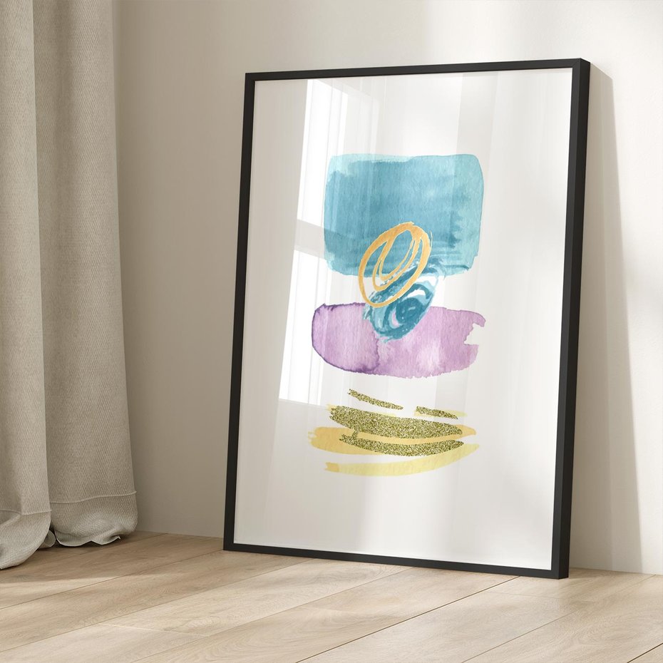 Plakat bez ramy 21x30 - Taniec Akwarelowych Kresek - akwarelowe plamy w odcieniach błękitu, złote kreski