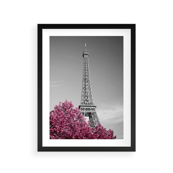Plakat w ramie 30x40 - Różowy Paryż - czarno białe zdjęcie, wieża eiffla - rama czarna