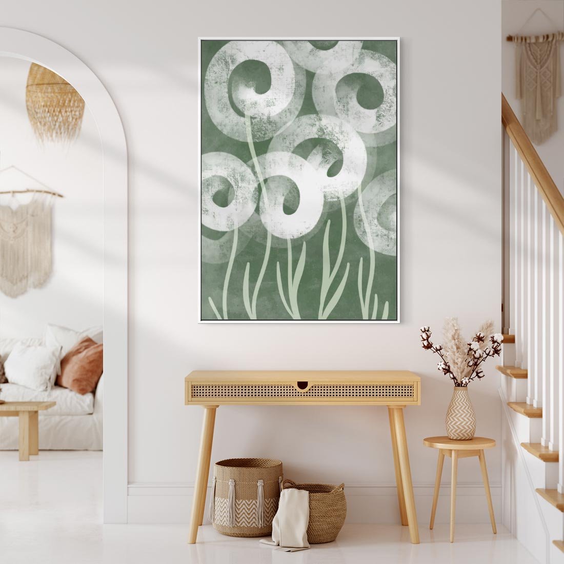 Obraz w ramie 70x100 - Spokojne Plamy Natury - zielony plakat, roślinne motywy - rama biała