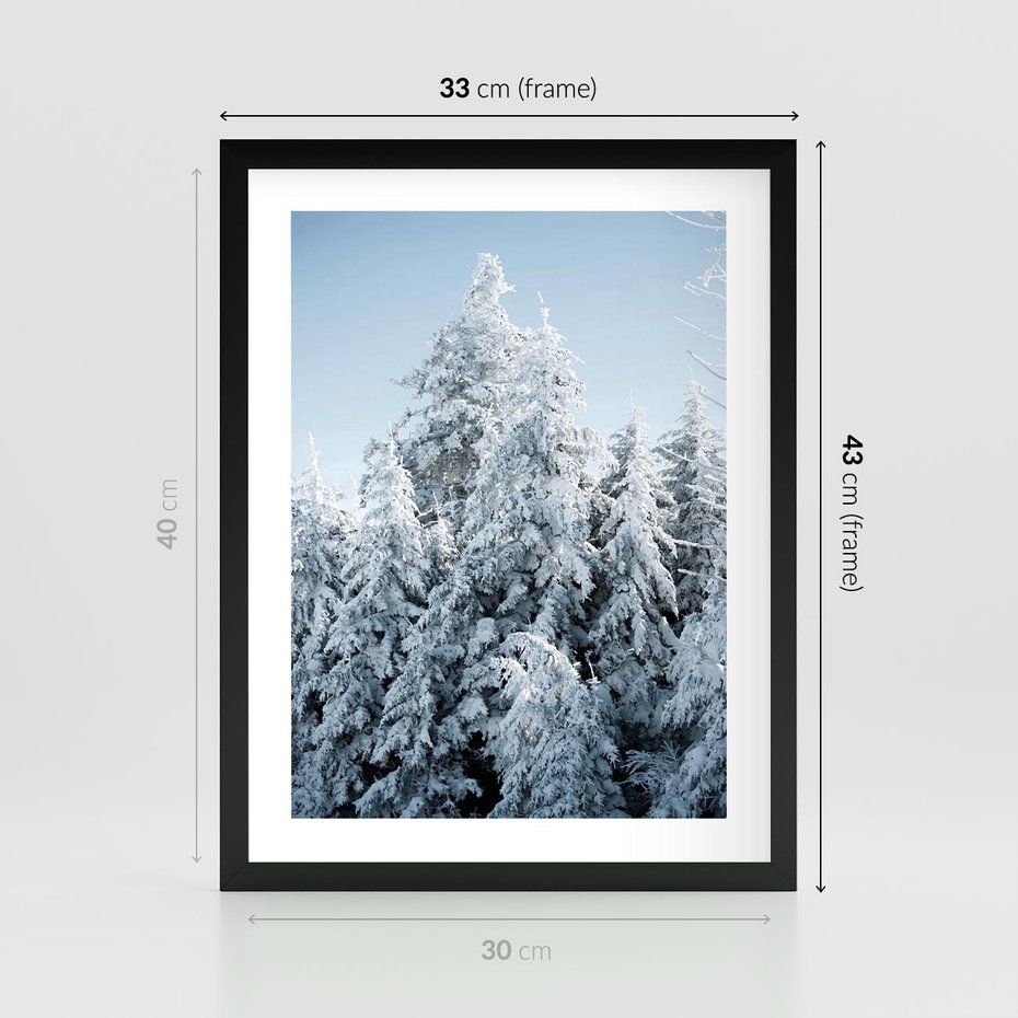 Plakat w ramie 30x40 - Magia Śnieżnych Drzew - zima, iglaste drzewa - rama czarna