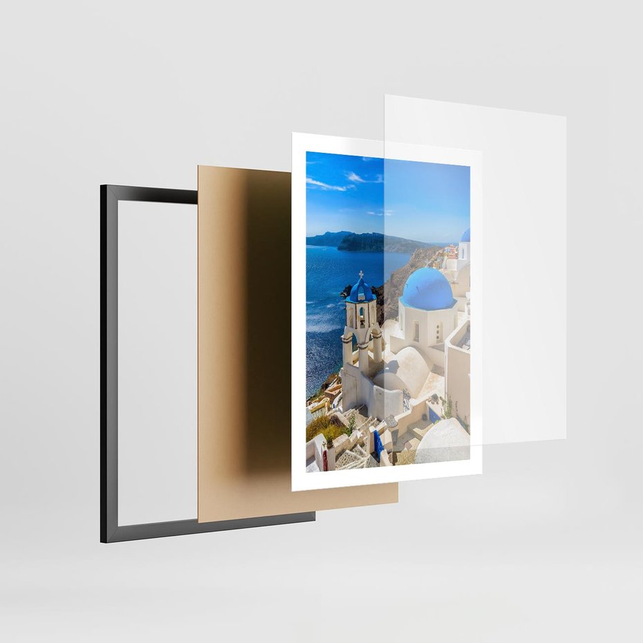 Plakat w ramie 50x70 - Urokliwy widok na Santorini - Santorini, widok - rama czarna