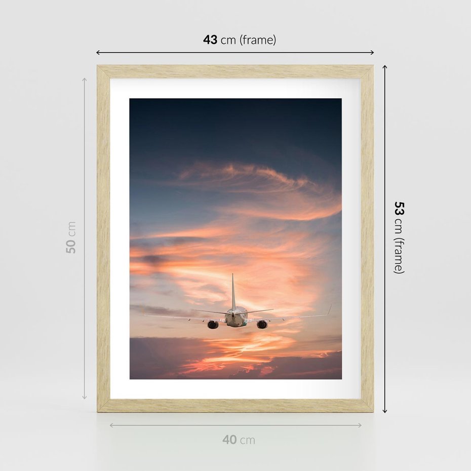 Plakat w ramie 40x50 - Podróż w Kierunku Słońca - samolot, samolot w powietrzu - rama drewno