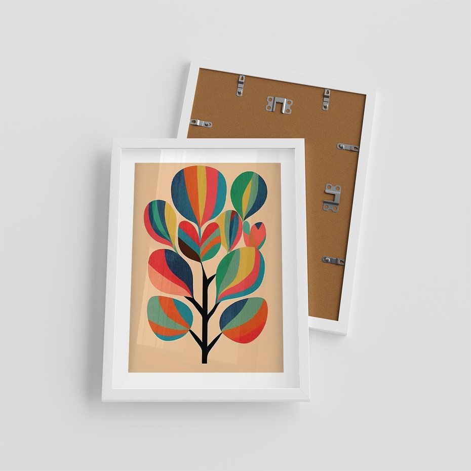 Plakat w ramie 30x40 - Harmonia Rozplątanych Form - abstrakcyjny kolorowy tęczowy obraz, inspiracje roślinne - rama biała