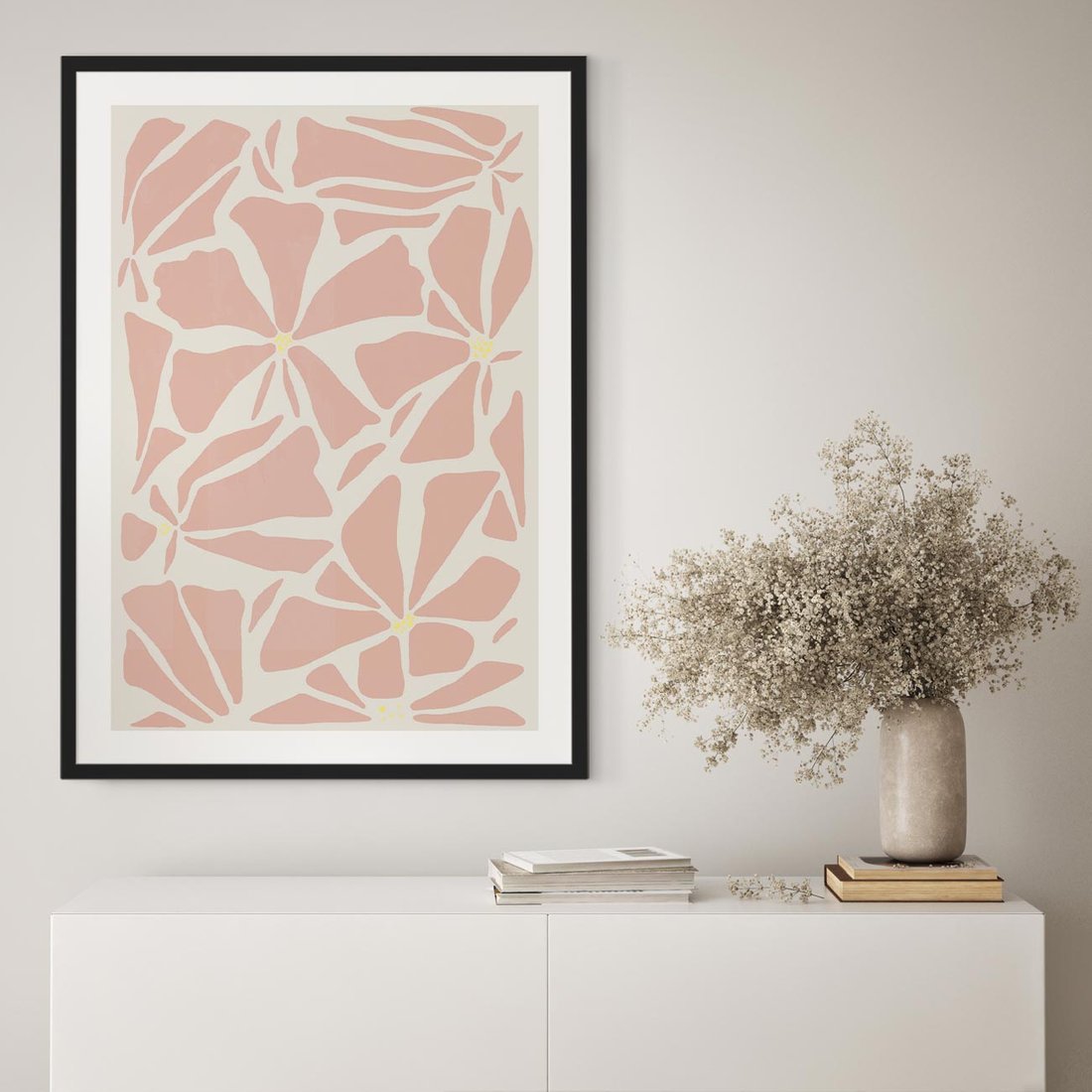 Plakat w ramie 50x70 - Akwarelowe Promienie - abstrakcyjne boho kwiaty, kompozycja - rama czarna