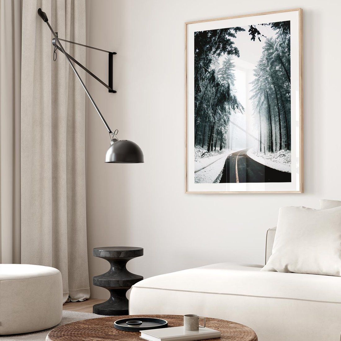 Plakat w ramie 30x40 - Droga przez Zimowy Las - drzewa, śnieg - rama drewno