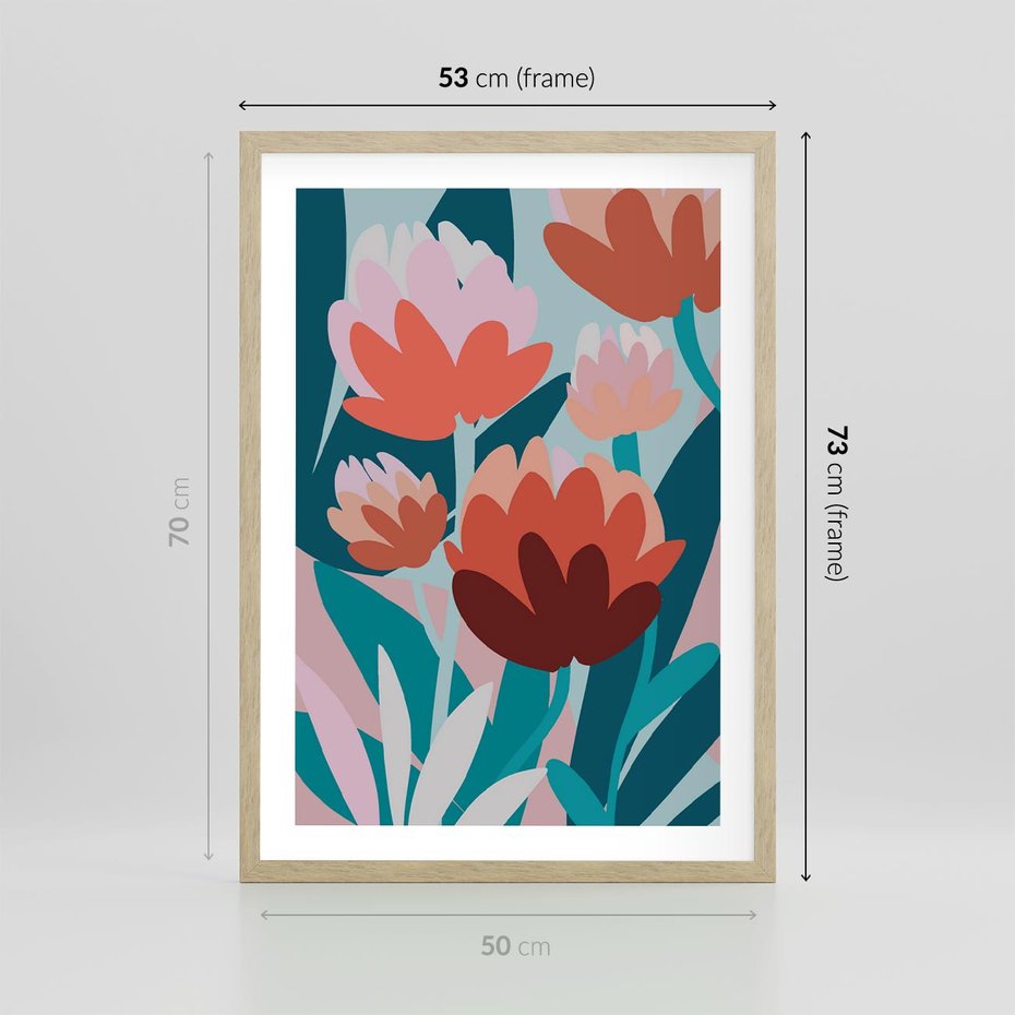 Plakat w ramie 50x70 - Symfonia Kwiatów - abstrakcyjna kompozycja kwiatowych form, kolor zgaszone - rama drewno