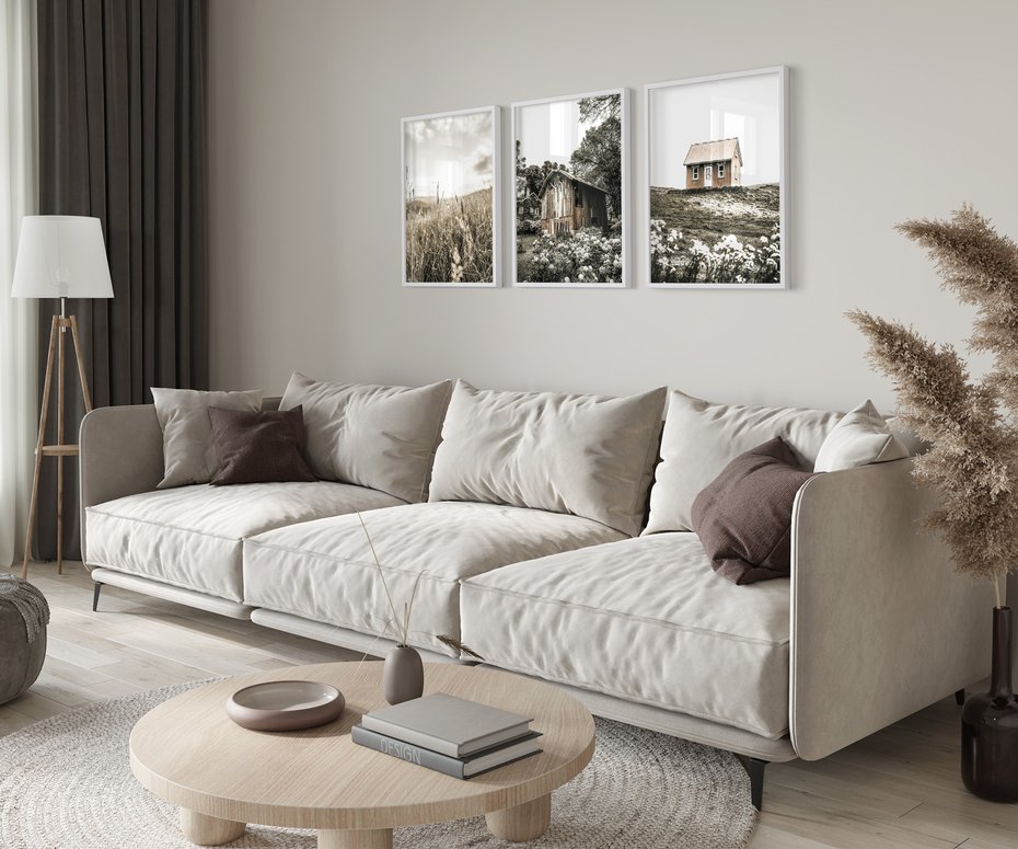 Zestaw obrazy w ramie 40x50 galeria - Domki, pola, łąki, w, sepii - rama biała