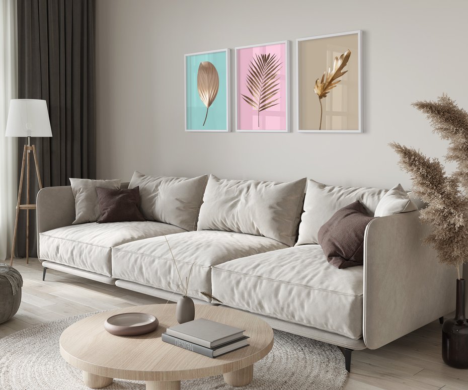 Zestaw obrazy w ramie 40x50 galeria - Złote, liście, palma, pastelowe, gold - rama biała