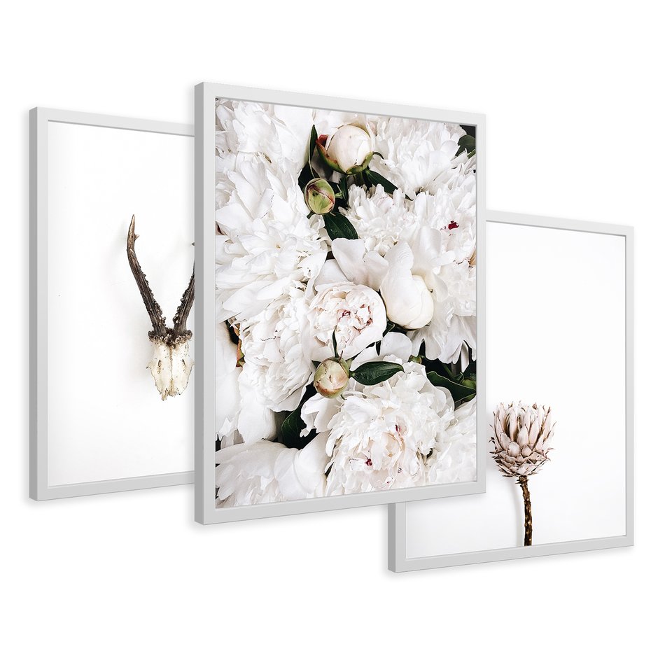 Zestaw obrazy w ramie 30x40 galeria - Kwiaty, boho, styl, minimalizm - rama biała