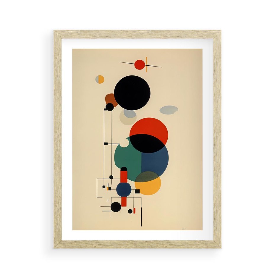 Plakat w ramie 50x70 - Migocące Impresje Odniesień - abstrakcyjna geometryczna kompozycja, koła linie - rama drewno