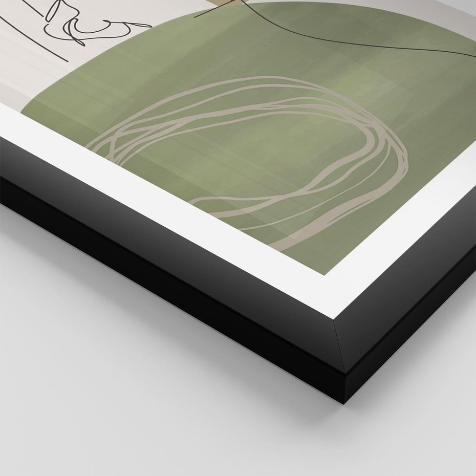 Plakat w ramie 50x70 - Jedna Linia, Wiele Emocji - akwarelowe plamy, na nich szkic postaci kobiety jedną linią - rama czarna