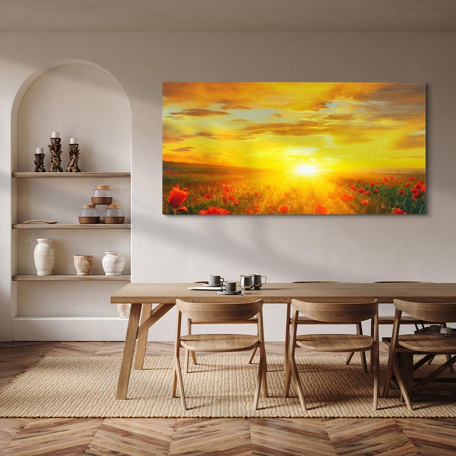 Obraz na płótnie 120x60 - Magia zachodu słońca na łące z makami - łąka, zachód słońca