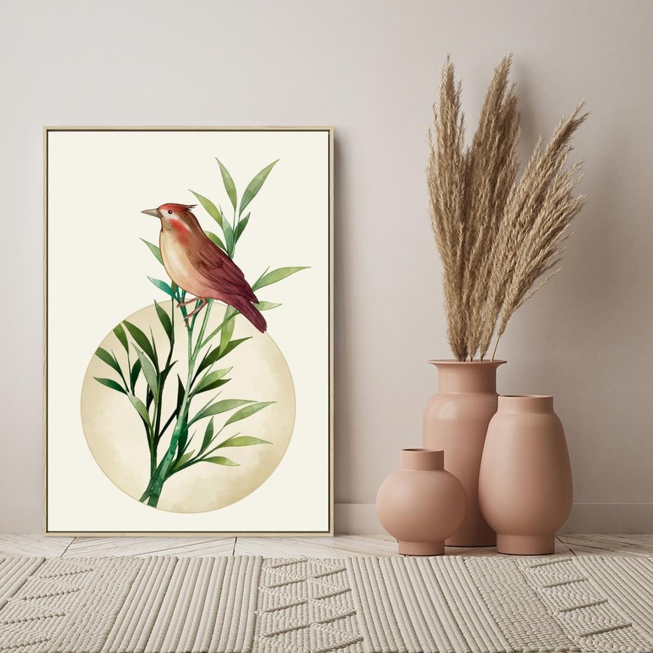 Obraz w ramie 70x100 - Rozkwitająca Delikatność - japońska sztuka, ptak - rama drewno