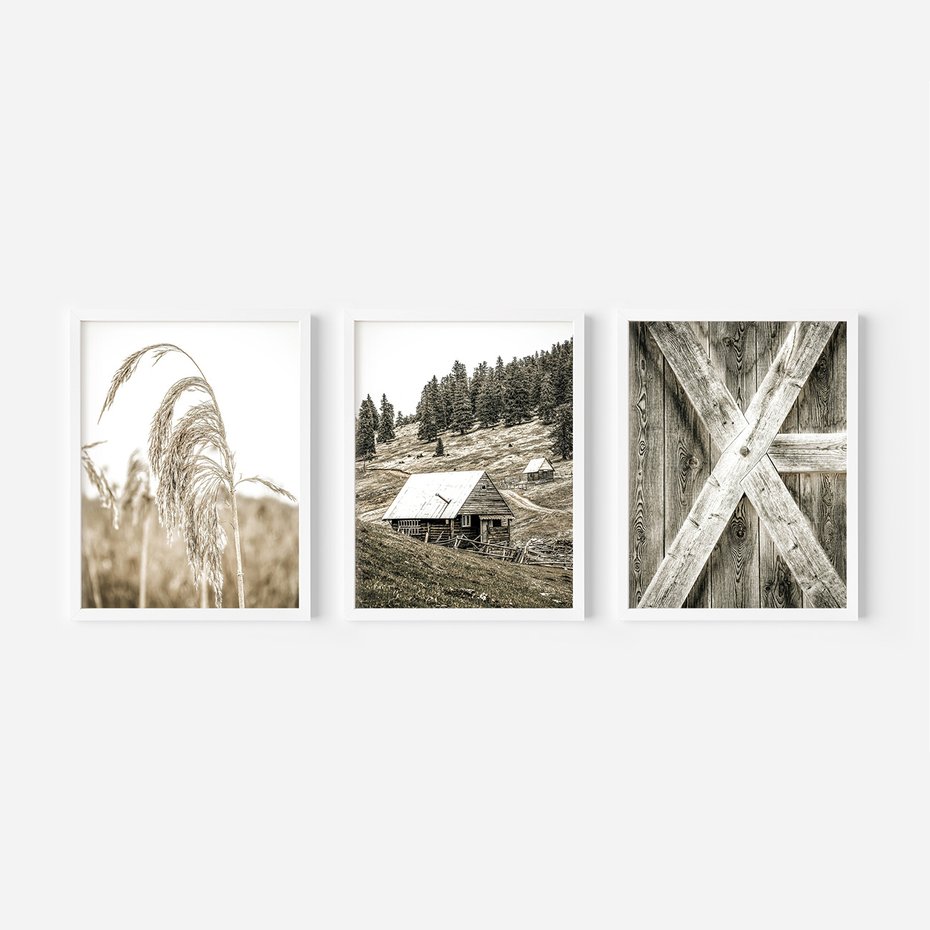 Zestaw obrazy w ramie 50x70 galeria - Chata, szopa, w, górach - rama biała