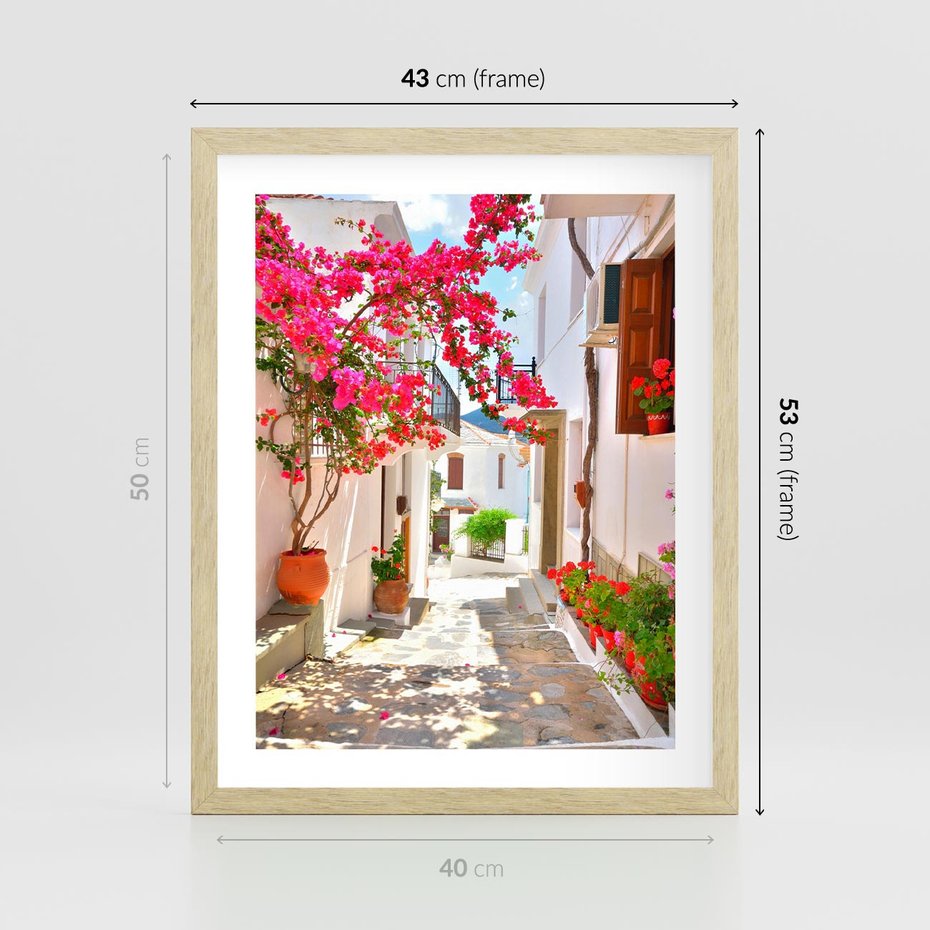 Plakat w ramie 40x50 - Kwiatowa uliczka wakacji - kwiaty, uliczka - rama drewno