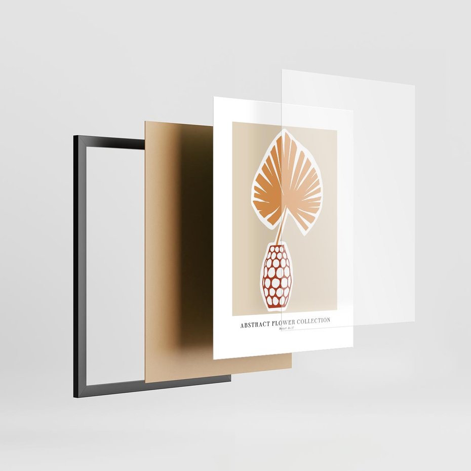 Plakat w ramie 30x40 - Kwiatowa Kreatywność - tropikalny liść w wazonie, typografia - rama czarna