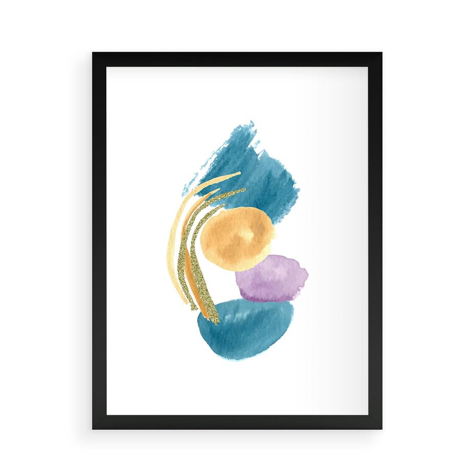 Plakat w ramie 50x70 - Migocące Barwy Akwarel - akwarelowe plamy w odcieniach błękitu, złote kreski - rama czarna