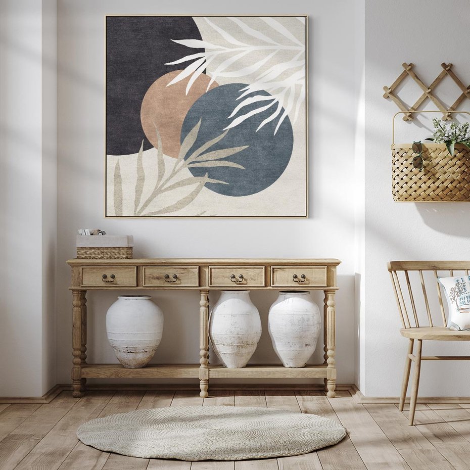 Obraz w ramie 80x80 - Symfonia skradzionych chwil - cienie liści palmy, beżowe tłó - rama drewno