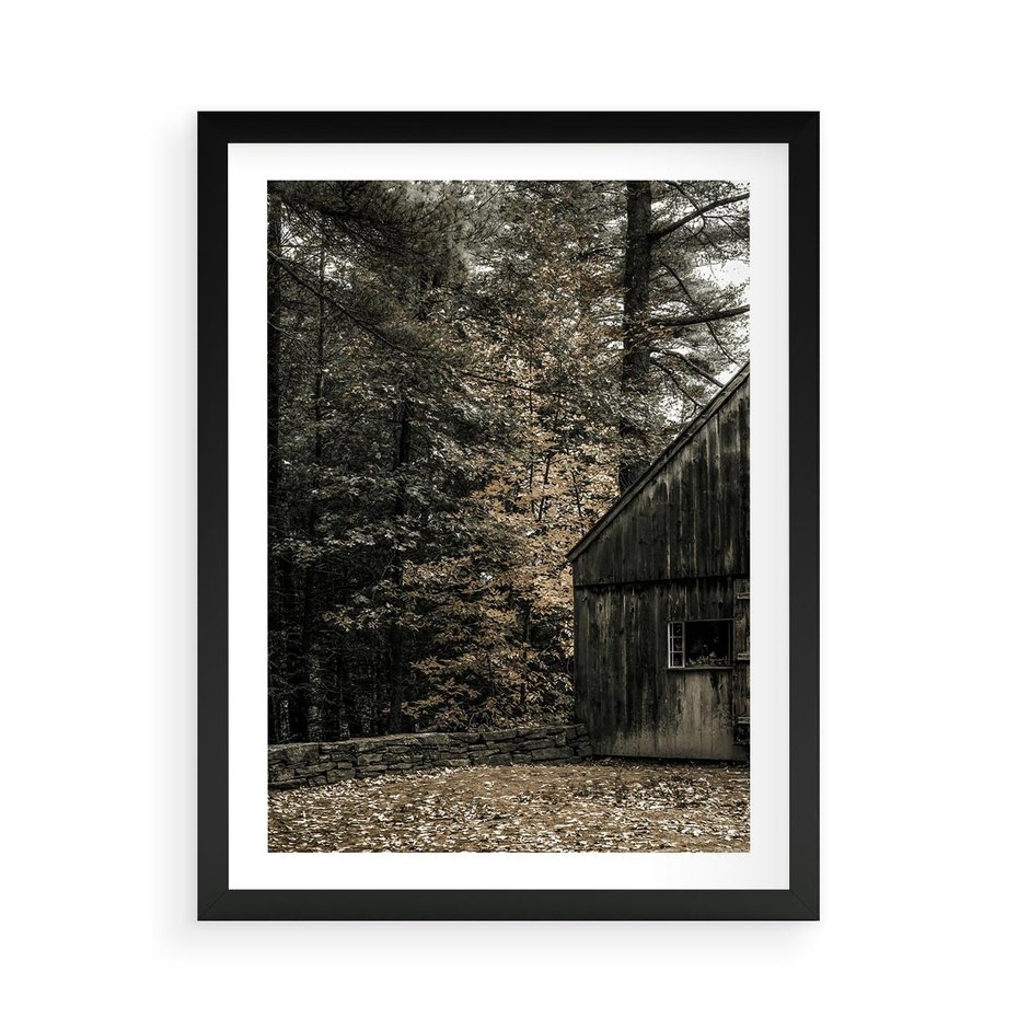 Plakat w ramie 50x70 - Dom w Lesie - chatka w lesie, górski domek - rama czarna