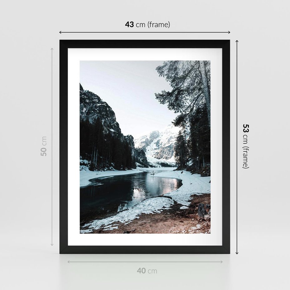 Plakat w ramie 40x50 - Zamarznięta Rzeka - zima w górach, zamarznięta rzeka - rama czarna
