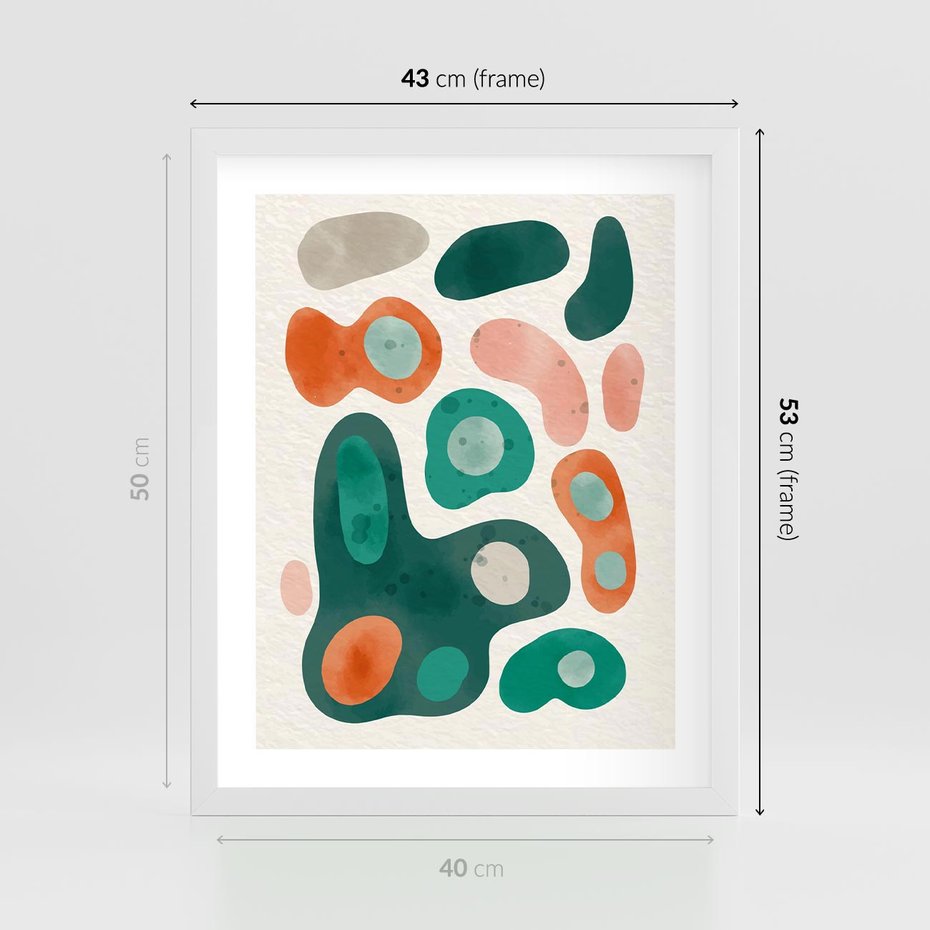 Plakat w ramie 40x50 - Kolorowe Przenikanie - przypadkowe abstrakcyjne plamy, pomarańczowy i zielony - rama biała