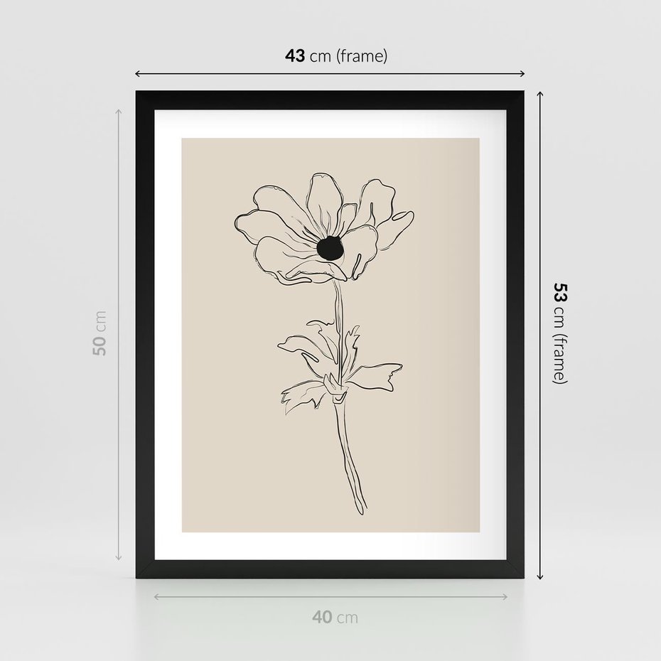 Plakat w ramie 40x50 - Przenikający Dialog - szkic kwiatu, mnimalistyczny szkic - rama czarna