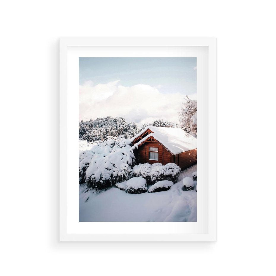 Plakat w ramie 30x40 - Zimowa Idylla w Górach - zima w górach, ośnieżone góry - rama biała