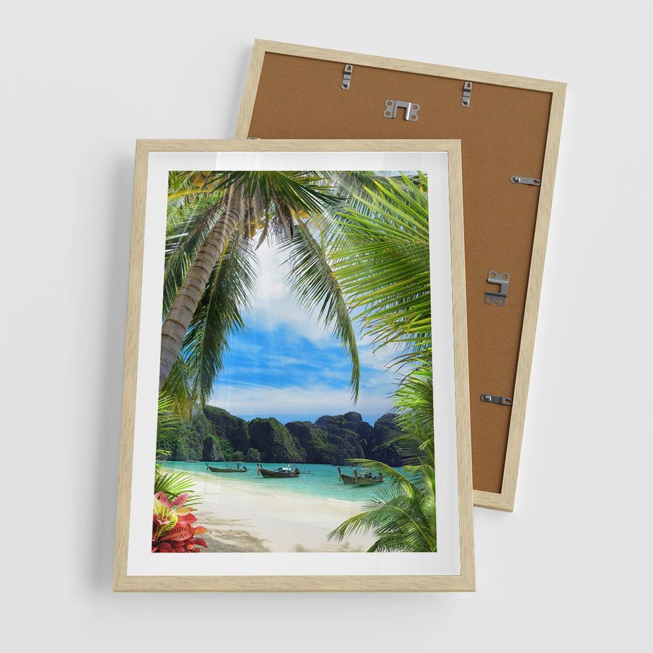 Plakat w ramie 50x70 - Palmy tańczące na tropikalnej plaży - palmy, plaża - rama drewno