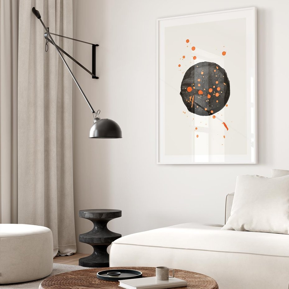 Plakat bez ramy 50x70 - Impulsy Kreatywności - abstrakcyjna czarna plama, rozsiane pomarańczowe kropki