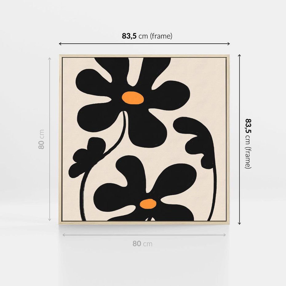 Obraz w ramie 80x80 - Wyjątkowość Boho - minimalistyczny abstrakcyjny obraz, prymitywne kwiaty - rama drewno