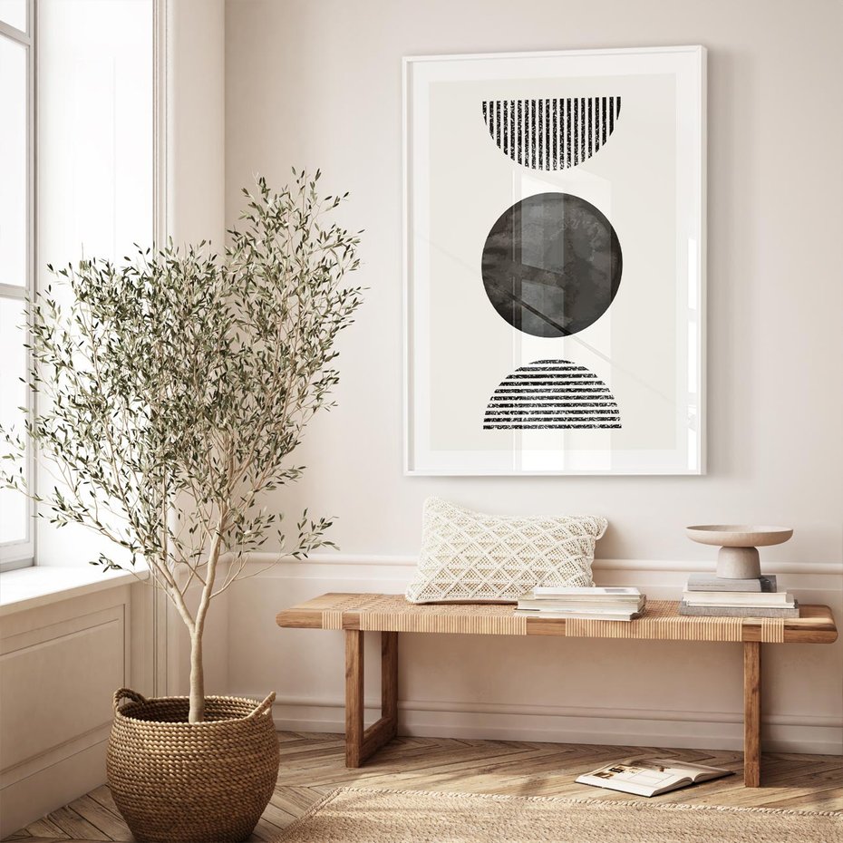 Plakat w ramie 50x70 - Tajemnicza Kompozycja - abstrakcyjne czarno białe formy, minimalizm - rama biała