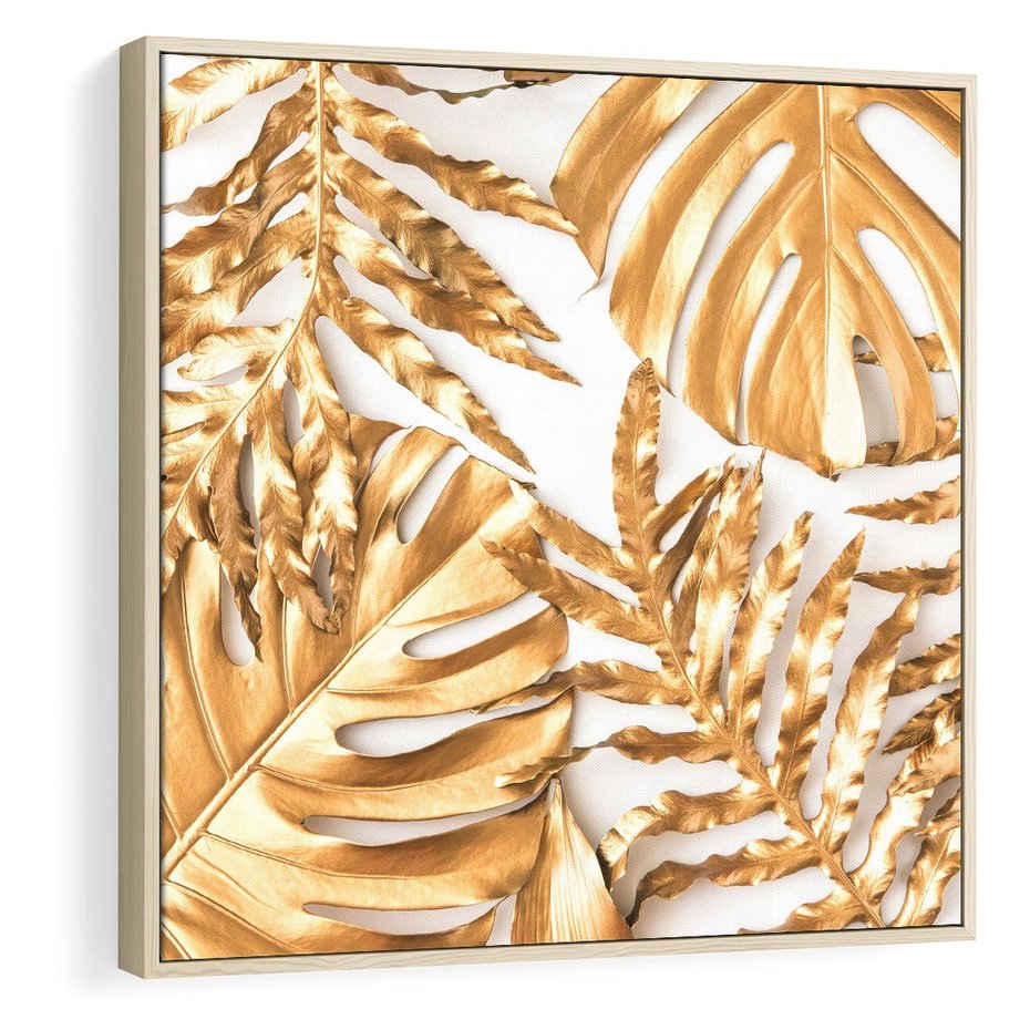 Obraz w ramie 50x50 - Monstera Złote Liście - monstera, złote - rama drewno