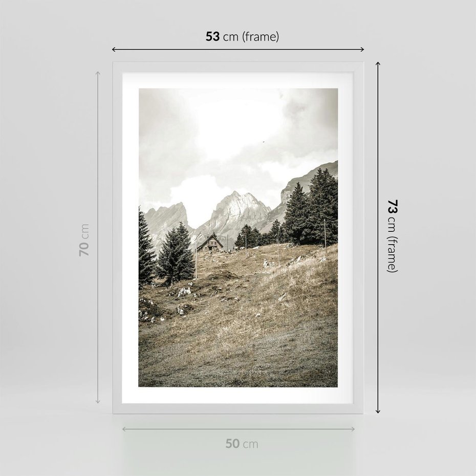 Plakat w ramie 50x70 - Krajobraz Sepii: Domek w Górach - domek w górach, góry - rama biała