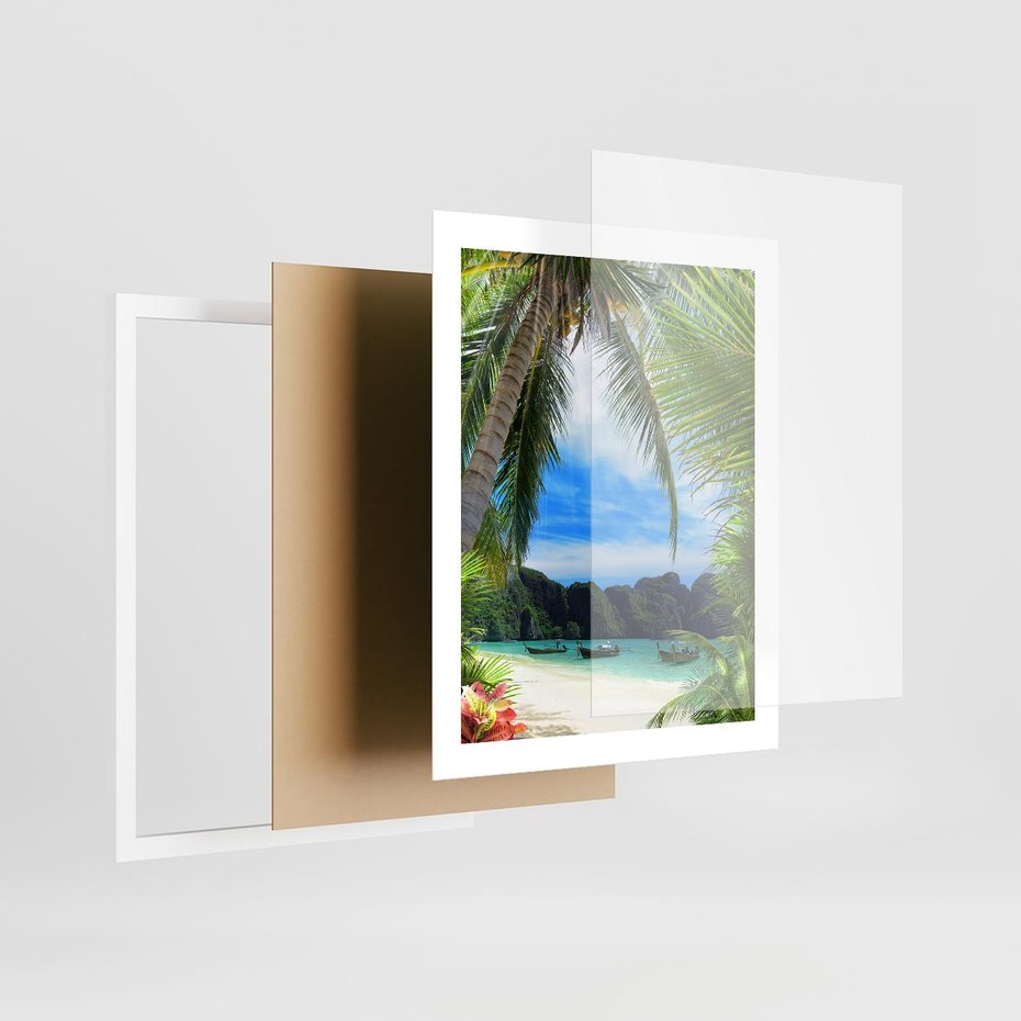 Plakat w ramie 40x50 - Palmy tańczące na tropikalnej plaży - palmy, plaża - rama biała