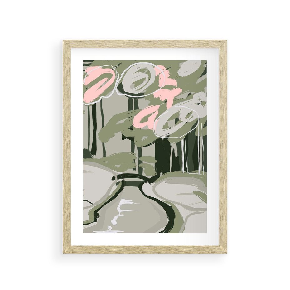 Plakat w ramie 30x40 - Leśny Zakątek - pastelowy krajobraz, nowoczesny plakat - rama drewno