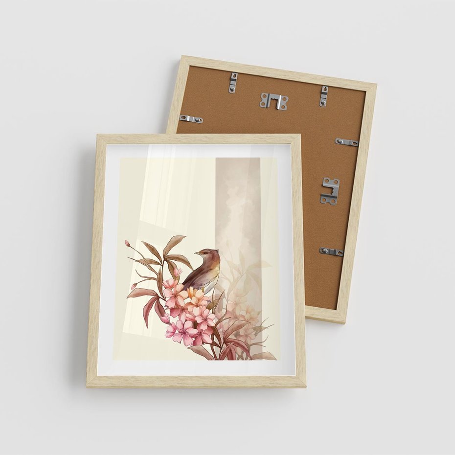 Plakat w ramie 40x50 - Kwiatowe Zanurzenie - japońska sztuka, ptak - rama drewno