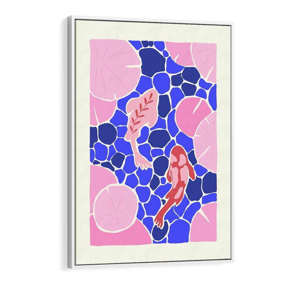 Obraz w ramie 80x120 - Rzeka Abstrakcji - abstrakcyjna kompozycja, różowe ryby wśród rafy - rama biała